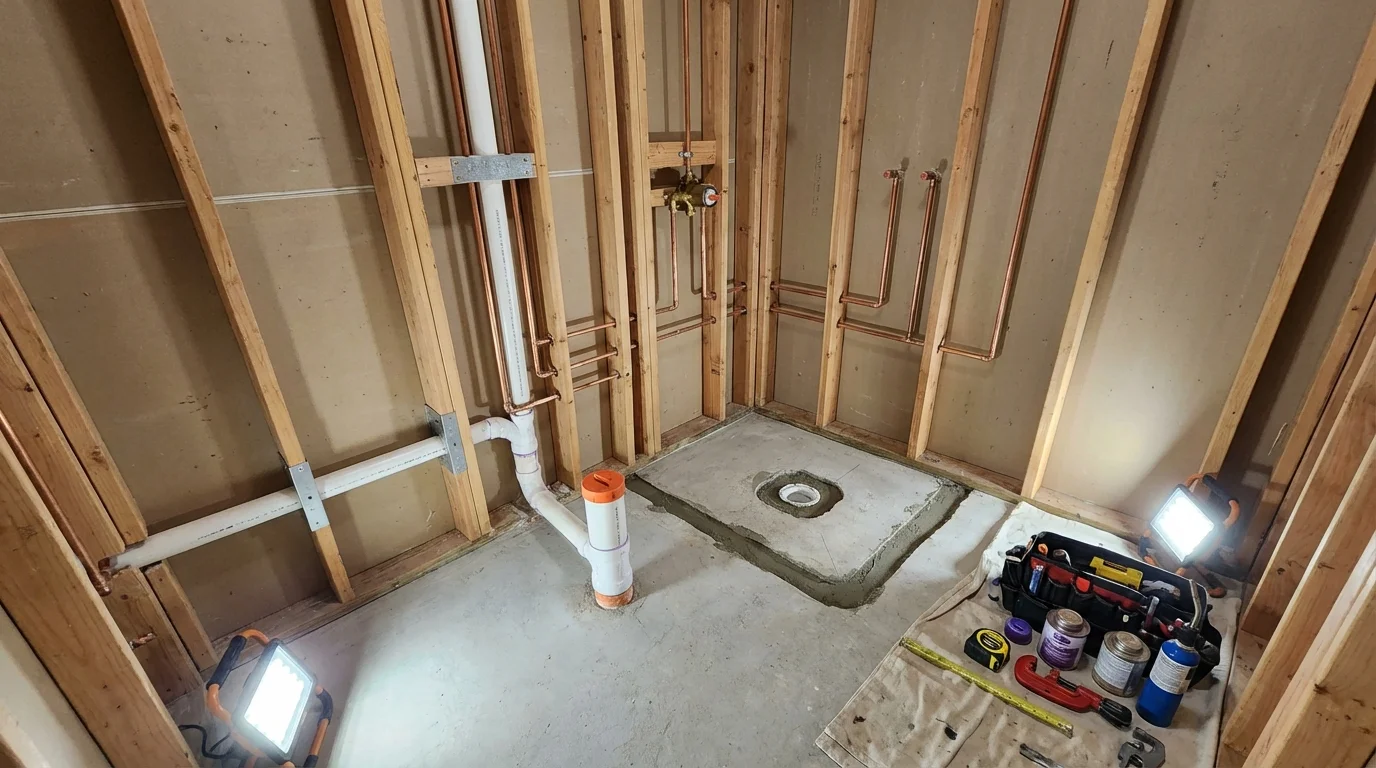 Bathroom rough-in plumbing during remodel by Johns Plumbing LLC in Waunakee