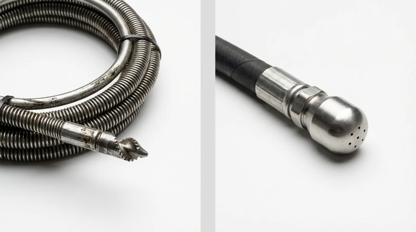 Drain snake cable and hydro jetting nozzle used for drain cleaning in Waunakee, WI
