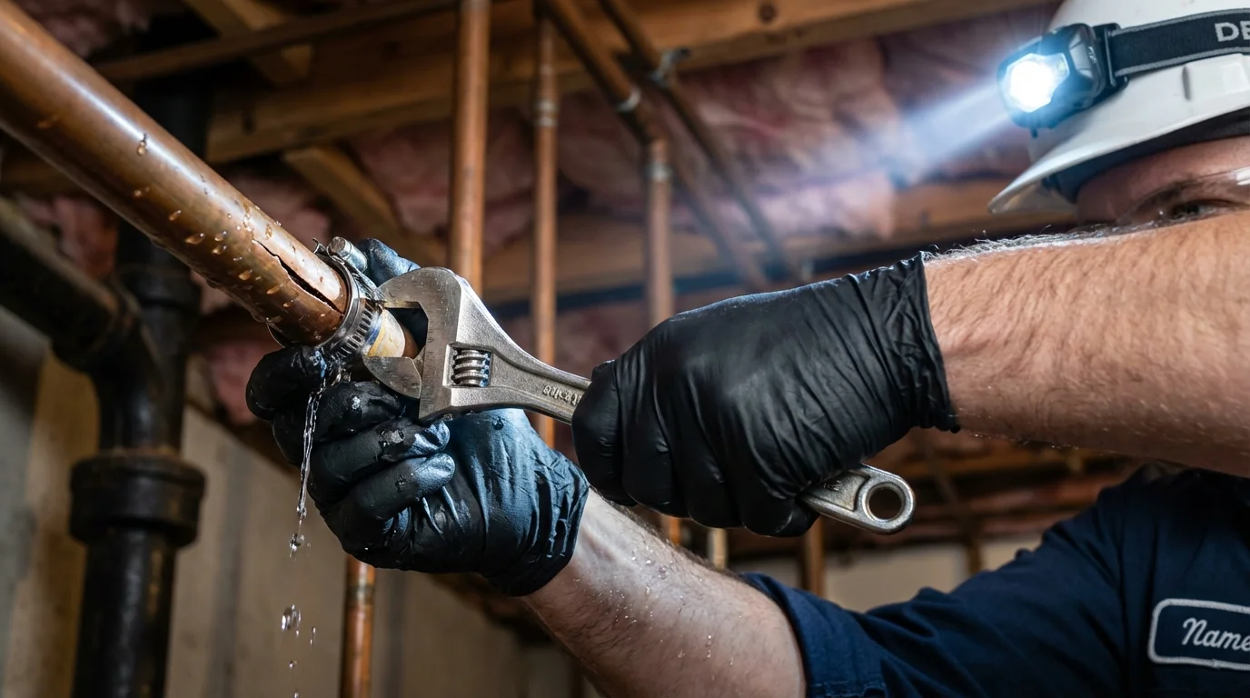 Emergency pipe clamp repair being performed by a Johns Plumbing LLC plumber in Waunakee