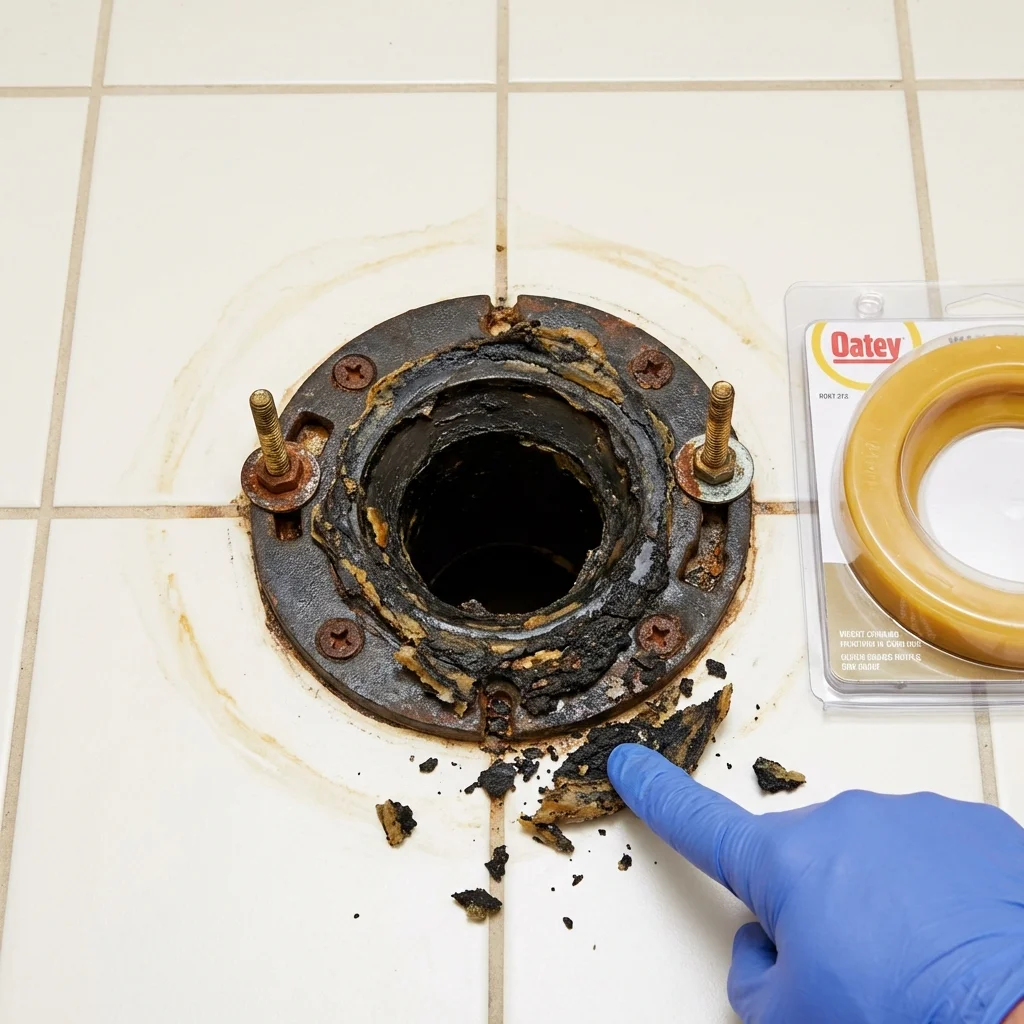 Failed wax ring showing water seepage at the base of a toilet in a Waunakee, WI home