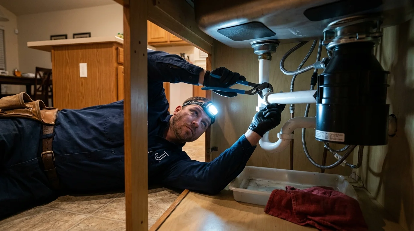 P-trap and supply line connections under a kitchen sink showing a common leak point in Waunakee, WI